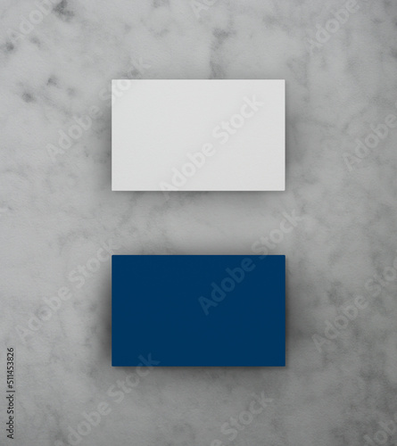 Blank white and blue business name card mockup on grey marble background, Top view, 3D rendering