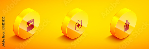 Set Isometric Law book, Police badge and Judge icon. Vector
