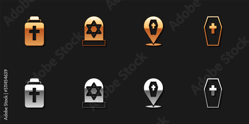 Set Funeral urn, Grave with star of david, Coffin cross and icon. Vector