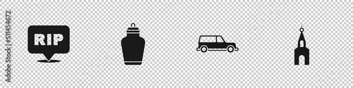 Set Speech bubble rip death, Funeral urn, Hearse car and Church building icon. Vector