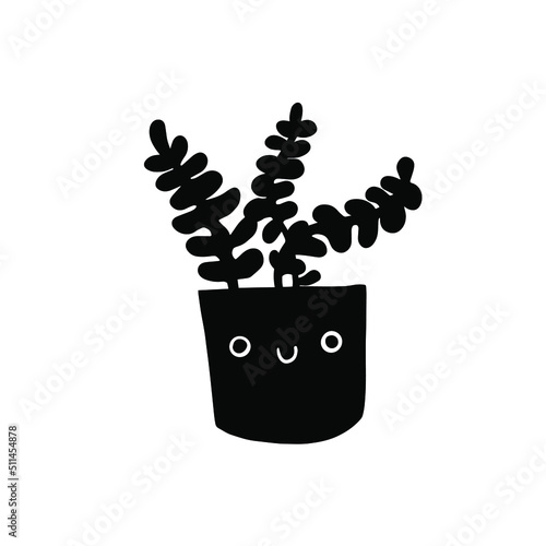 Beautiful funny cartoon succulent cacti black silhouette anthropomorphic character plant. cute scribble happy smiling flowerpots hand drawn in vector.
