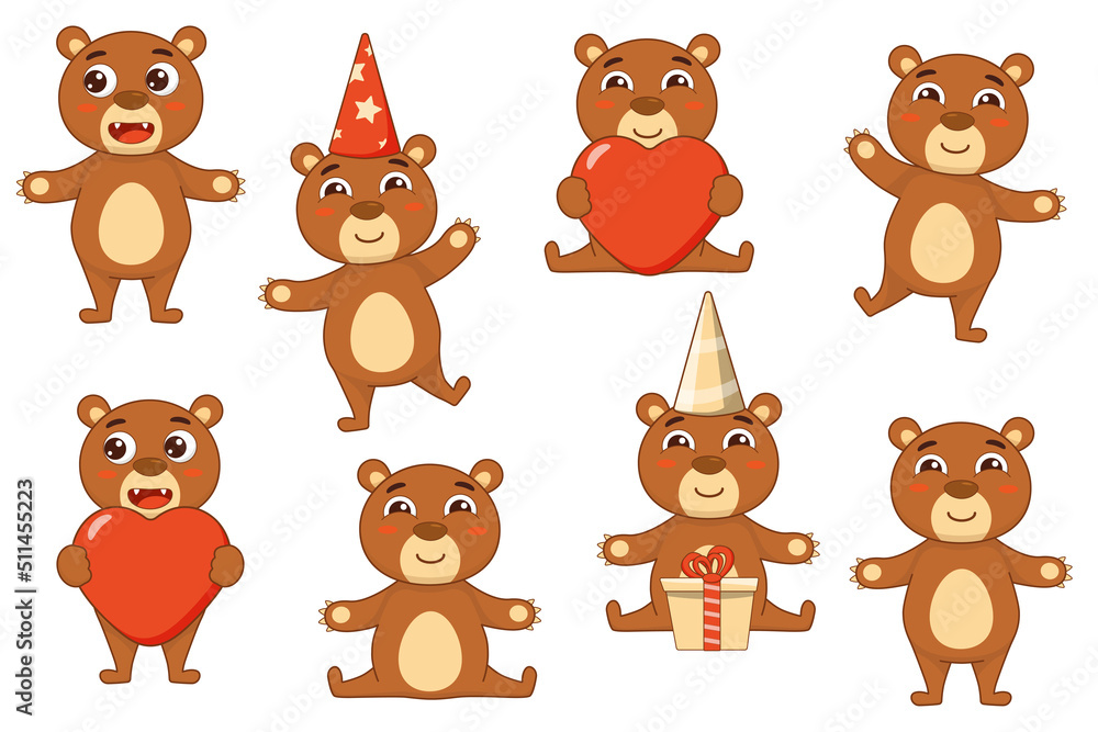 Set adorable cartoon bears. Teddy bear. Bear party. Vector illustration