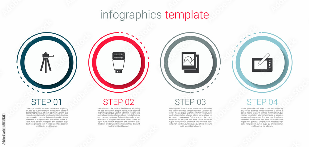 Set Tripod, Photo camera flash, frame and Graphic tablet. Business infographic template. Vector Set Tripod, Photo camera flash, frame and Graphic tablet. Business infographic template. Vector