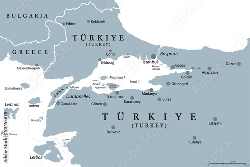 Bosphorus and Dardanelles, gray political map. The Turkish Straits, internationally significant, narrow waterways in Turkey. Passages, connecting the Aegean Sea and Sea of Marmara with the Black Sea.