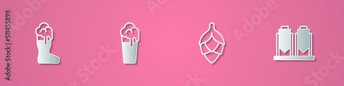 Set paper cut Boot beer glass, Glass of, Hop and Beer brewing process icon. Paper art style. Vector
