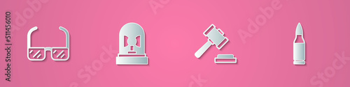 Set paper cut Safety goggle glasses, Flasher siren, Judge gavel and Bullet icon. Paper art style. Vector