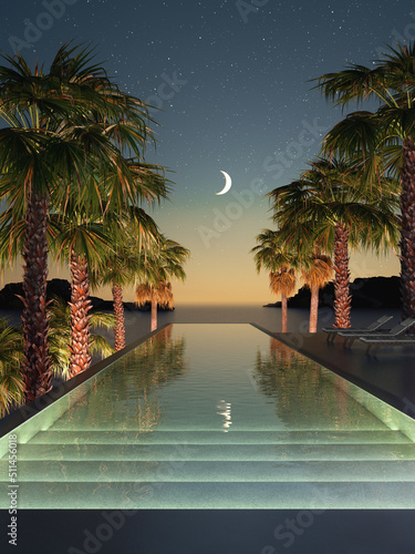 3d rendering of a summer night lounge hotel pool dreamscape environment, a starr Fototapeta