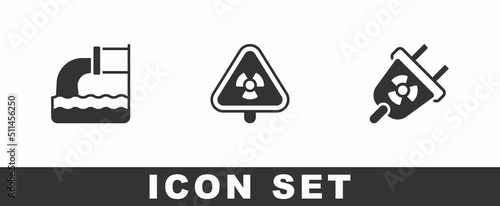 Set Wastewater, Triangle with radiation and Radiation electrical plug icon. Vector