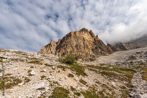 Mountain peaks of the Sesto Dolomites. South rock face of three peaks of Lavaredo (Tre Cime di Lavaredo or Drei Zinnen), UNESCO world heritage site, Trentino-Alto Adige and Veneto, Italy, Europe.