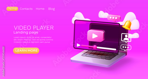 Landing page laptop video player, website banner message. Vector