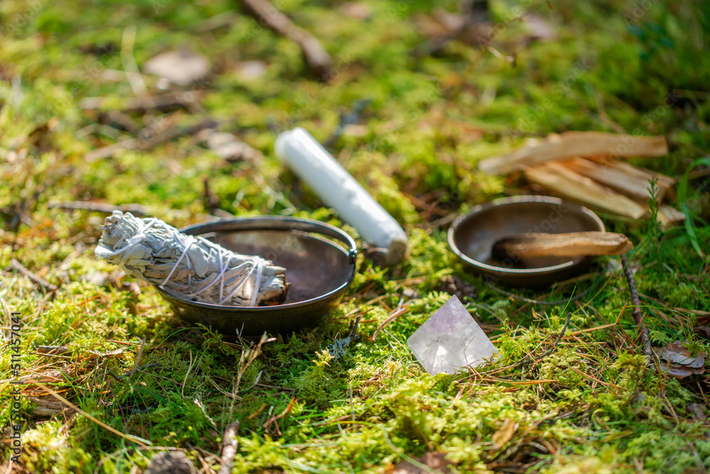 occult science and supernatural concept - close up of white sage in cup and stuff for magic ritual in forest occult science and supernatural concept - close up of white sage in cup and stuff for magic ritual in forest