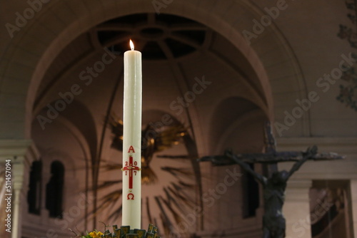 Easter vigil at Notre Dame du Travail catholic church, Paris. New Easter candle. France.  22.03.2018