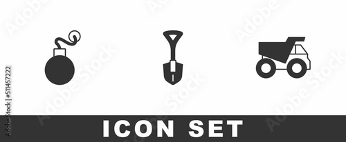 Set Bomb, Shovel and Mining dump truck icon. Vector