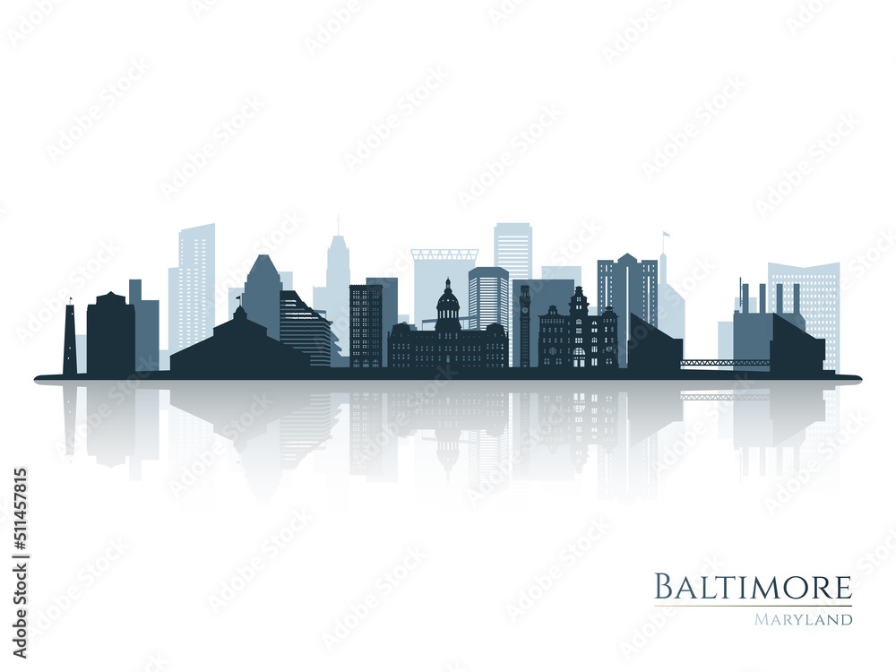 Baltimore skyline silhouette with reflection. Landscape Baltimore, Maryland. Vector illustration.