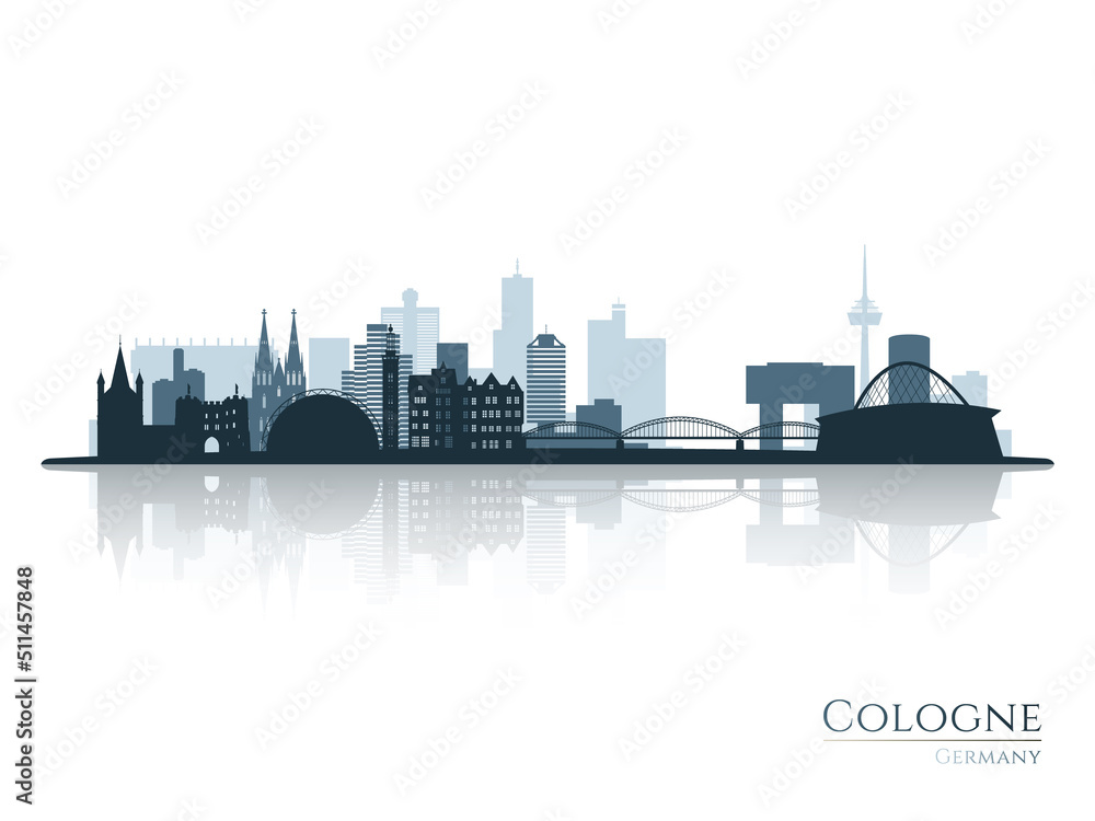 Naklejka premium Cologne skyline silhouette with reflection. Landscape Cologne, Germany. Vector illustration.