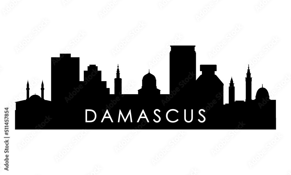 Damascus skyline silhouette. Black Damascus city design isolated on white background.
