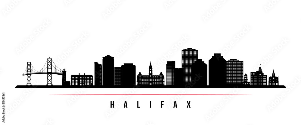 Halifax skyline horizontal banner. Black and white silhouette of Halifax, Nova Scotia. Vector template for your design.