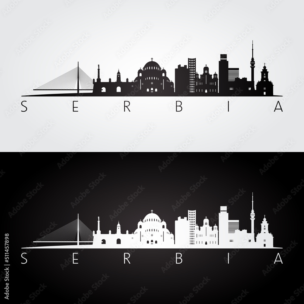 Serbia skyline and landmarks silhouette, black and white design, vector illustration.