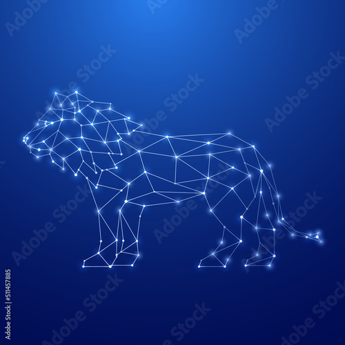Geometric Lion silhouette. Image of Lion in the form of constellation on blue background. Vector illustration.