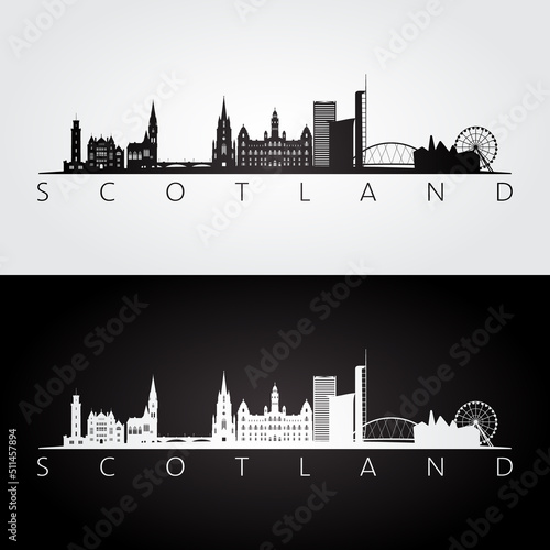 Scotland skyline and landmarks silhouette, black and white design, vector illustration.