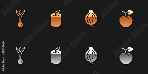 Set Onion, Bell pepper, Garlic and Peach fruit or nectarine icon. Vector