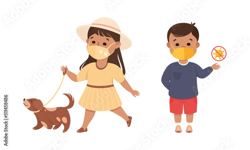 Happy Boy and Girl Wearing Face Mask as New Normal Lifestyle Vector Illustration Set