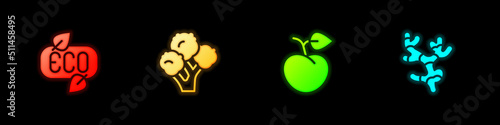 Set Leaf Eco symbol, Broccoli, Peach fruit or nectarine and Ginger root icon. Vector