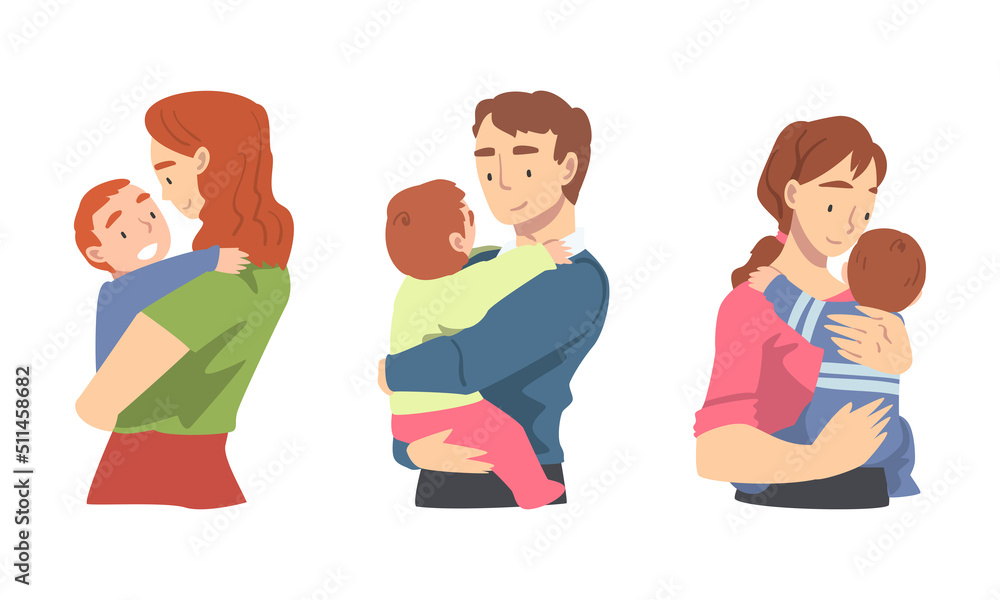 Man and Woman Character Holding Baby with Arms Nursing Him Vector Illustration Set Man and Woman Character Holding Baby with Arms Nursing Him Vector Illustration Set