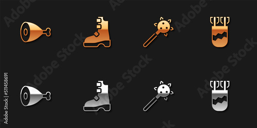 Set Chicken leg, Ancient viking boots, Mace with spikes and Quiver arrows icon. Vector