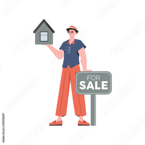 The man holds the house in his hands. Real estate sale concept. Isolated. Vector illustration.