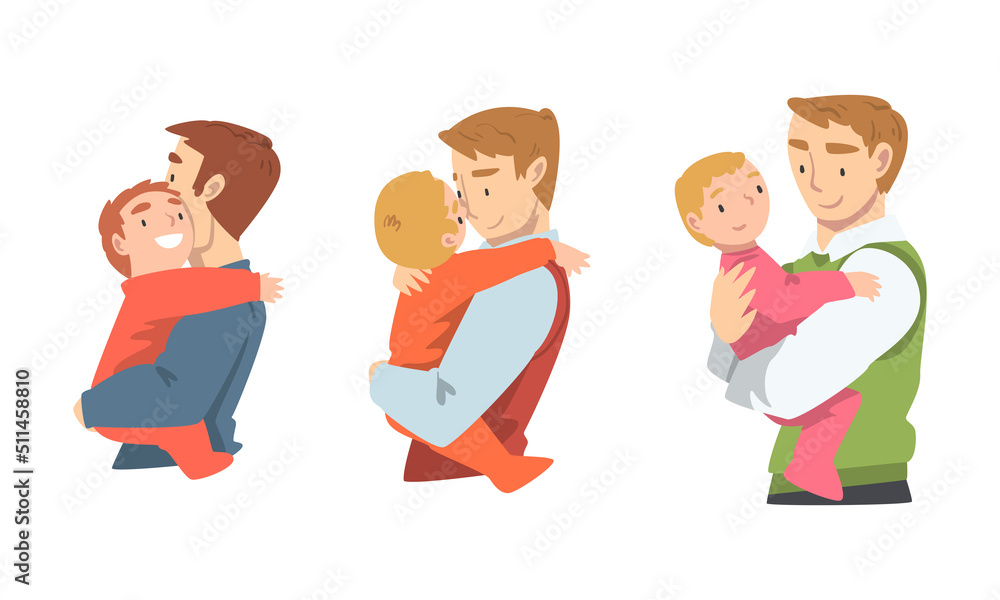 Man Character Holding Baby with Arms Nursing Him Vector Illustration Set Man Character Holding Baby with Arms Nursing Him Vector Illustration Set