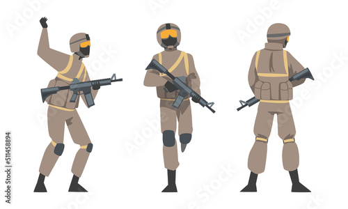 Man as Military Special Armed Force in Uniform and Rifle Vector Illustration Set