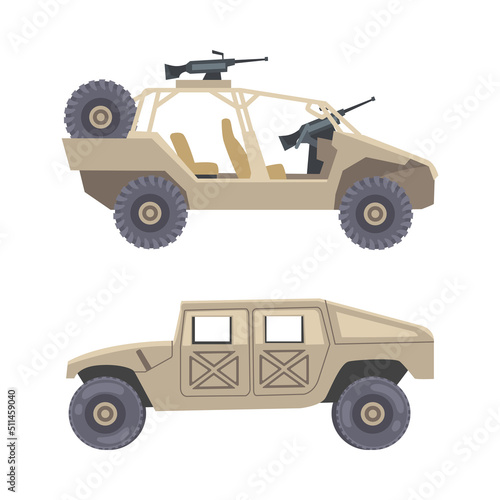 Military Car as Transportation Vehicle Used in Army for Carrying Armed Forces Vector Illustration Set