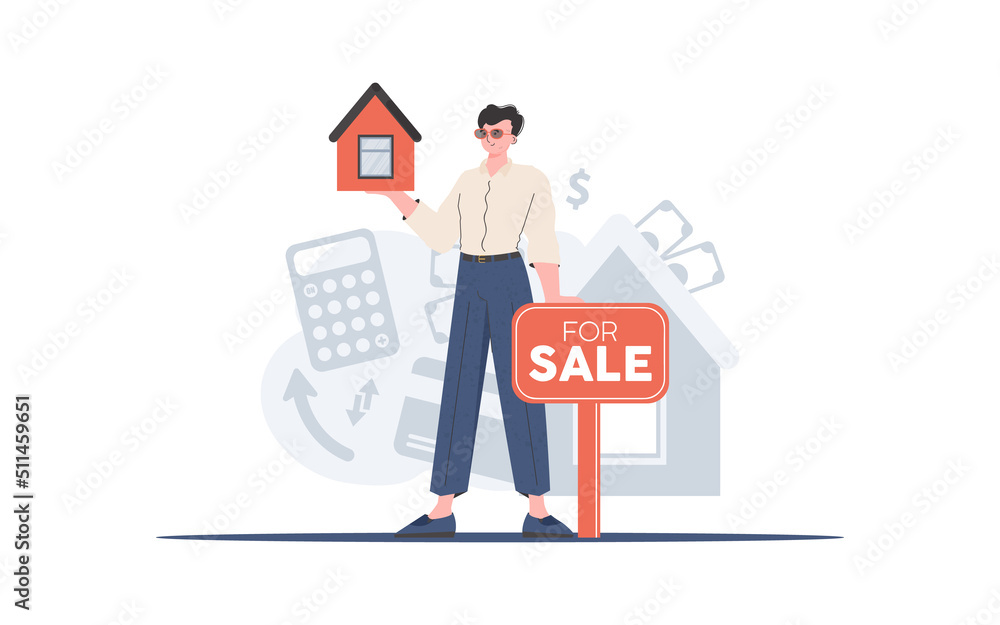 A man with a for sale sign holds a small house in his hands. Selling a house or real estate. trendy style. Vector illustration.