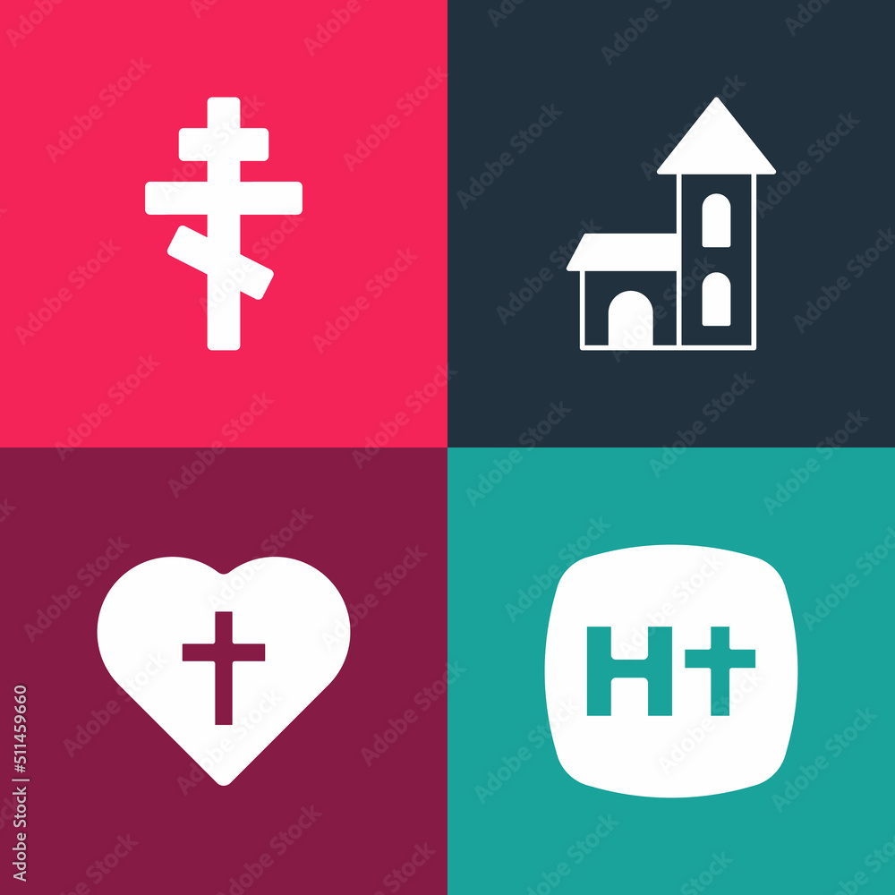 Set pop art Christian cross, in heart, Church building and icon. Vector Set pop art Christian cross, in heart, Church building and icon. Vector