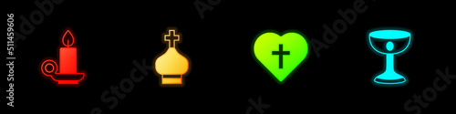 Set Burning candle in candlestick, Christian church tower, cross heart and chalice icon. Vector