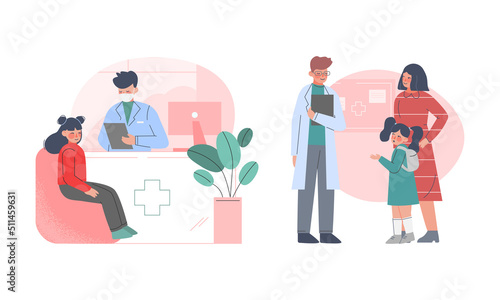 Man Doctor Pediatrician in Lab Coat Examining Little Girl in Hospital Vector Set