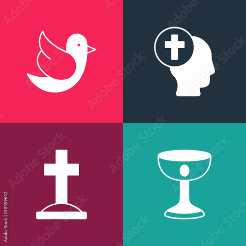 Set pop art Christian chalice, Grave with cross, Priest and Dove icon. Vector
