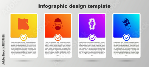 Set Map of Egypt, Egyptian man, mummy in sarcophagus and Nefertiti. Business infographic template. Vector