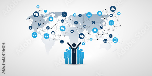 Cloud Computing and Networks Design Concept with Standing Happy Business Men and Icons - Digital IoT Network Connections, Technology Background