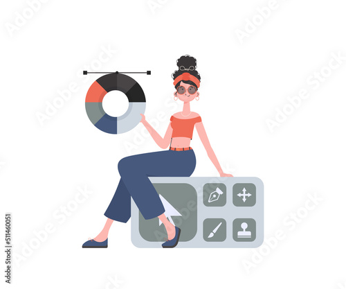 A woman sits with a color wheel in her hands. Isolated. Element for presentation.