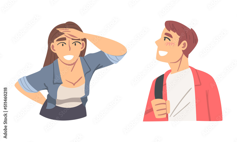 Man and Woman Looking in Different Direction with Face Expression Vector Set