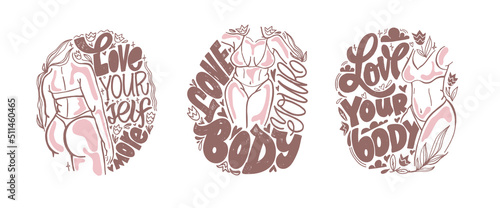 Beautiful curvy female body line illustration. Minimalistic linear female figure. Abstract nude sensual line art. Simple body positivity elegant poster. Cute hand drawn motivation lettering postcard.
