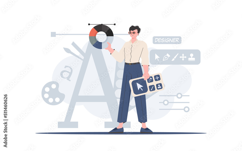 A man stands in full growth holding a designer panel with a color wheel. Design. Element for presentation.