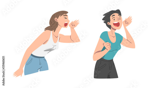 Woman Character Holding Hand Near Mouth and Shouting or Screaming Loud Vector Set