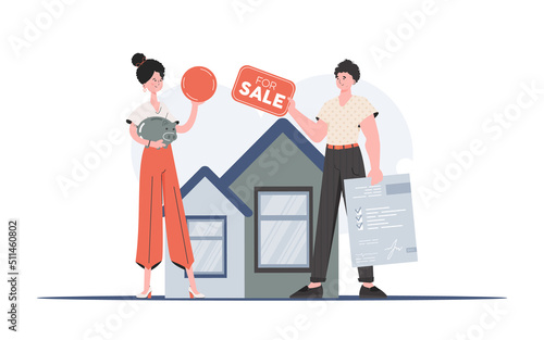 The girl is buying a house. Realtor with tabular for sale and document. Real estate purchase concept. Trend vector illustration. © Javvani