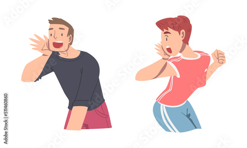 Man and Woman Character Holding Hand Near Mouth Shouting or Screaming Loud Vector Set