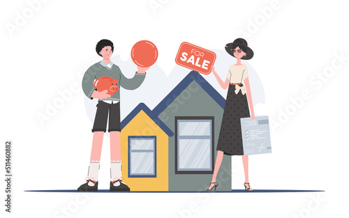 The guy is buying a house. Realtor with tabular for sale and document. Real estate purchase concept. Trend vector illustration.