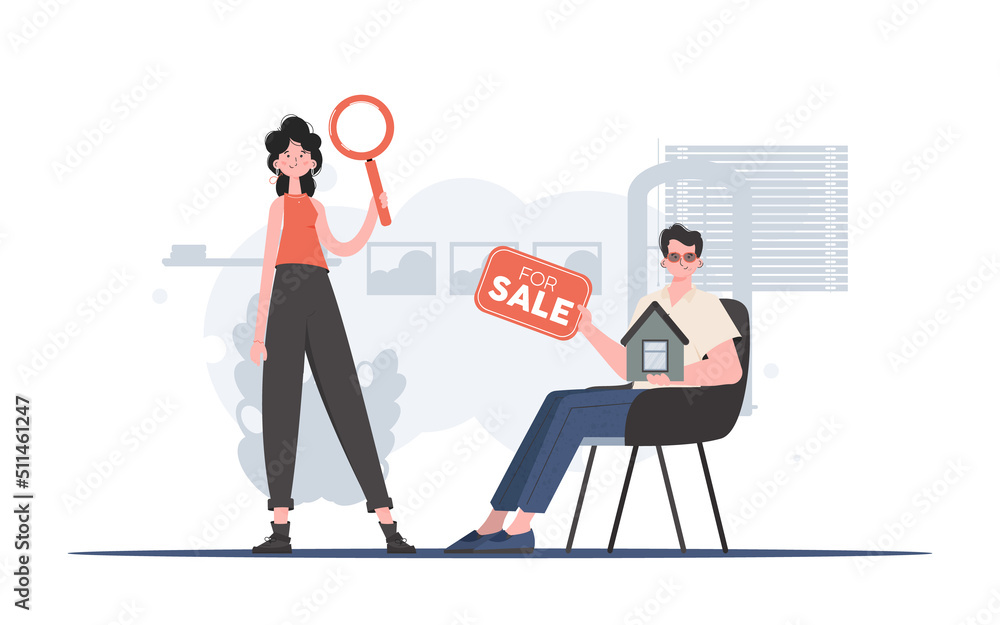 Fototapeta premium Guy and girl realtors. Real estate purchase concept. Good for websites, apps and presentations. Flat style. Vector illustration.