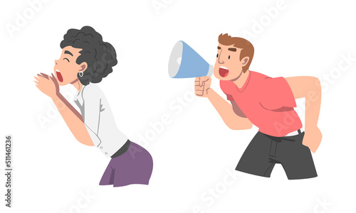 Man and Woman Character with Hand Near Mouth and Megaphone Shouting or Screaming Loud Vector Set
